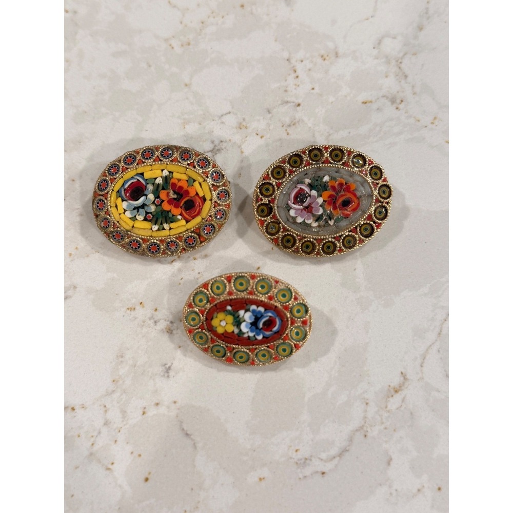 Vintage Italian Micro Mosaic Floral Brooch Pin Set 3pc Millefiori Gold Tone Oval